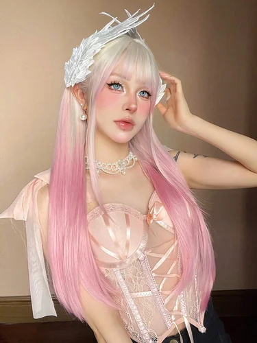 Imagen 2 del producto GEMMA-peluca larga y recta para mujer, pelo sintético colorido de color rosa claro, Rubio, Cosplay de Lolita, con flequillo, resistente al calor
