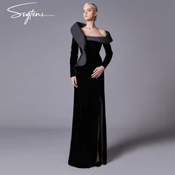 Modern Black Velour Dubai Prom Dresses Full Sleeves Abendkleid Floor Length Evening Party Gowns Long Robes De Soirée Customized