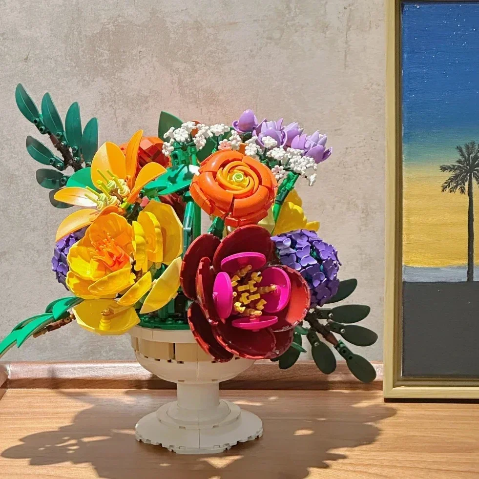 

Nuevo 2025 flor malo ramo de bloques de construcción creativo hogar escritorio planta decoración montar ladrillos juguete