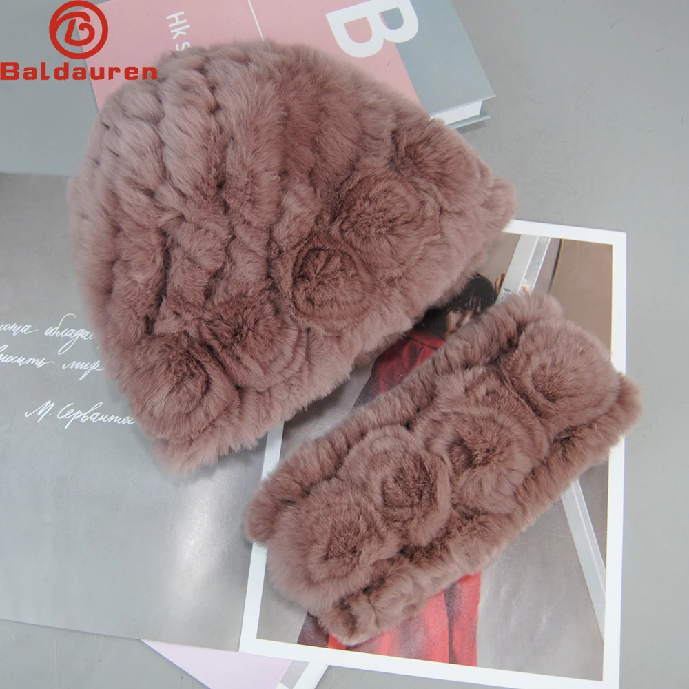 Gran oferta, nuevos conjuntos de bufanda y gorro de piel de invierno para mujer, gorro de piel de conejo Rex auténtica cálido Natural, bufandas para mujer, gorros de piel auténtica tejidos, silenciador