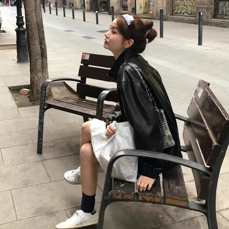 Retro Loose Pure Color Stand Collar Zipper Leather Jaet Simple Elegance Spring 2025 New Arrival Women's Faion Outerwear