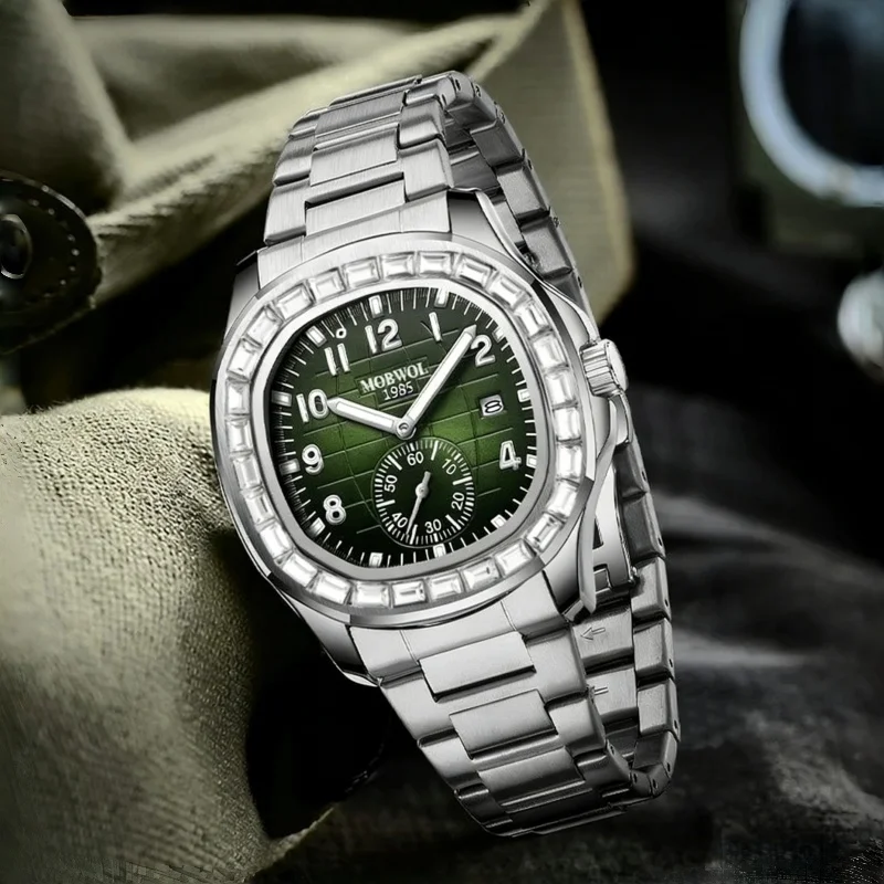 MOBWOL New Classic Diamond-Studded Luxury Steel Band Digital Calendar Men's Watch