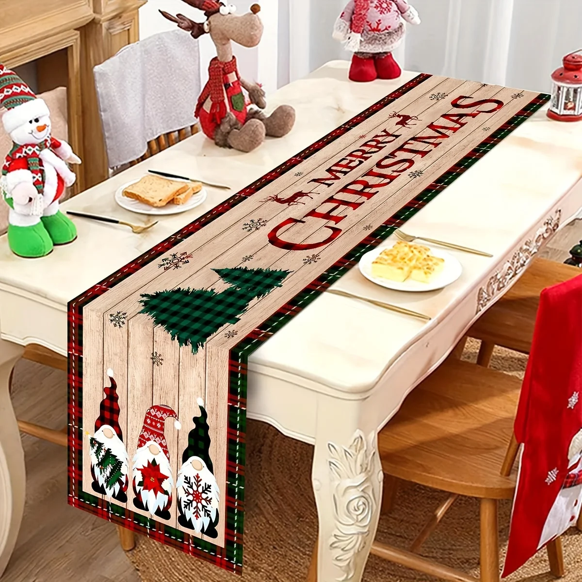 Christmas Gnome Wood Grain Linen Table Runner Dresser Scarf Winter Xmas Tree Table Runner Reusable Holiday Kitchen Table Decor