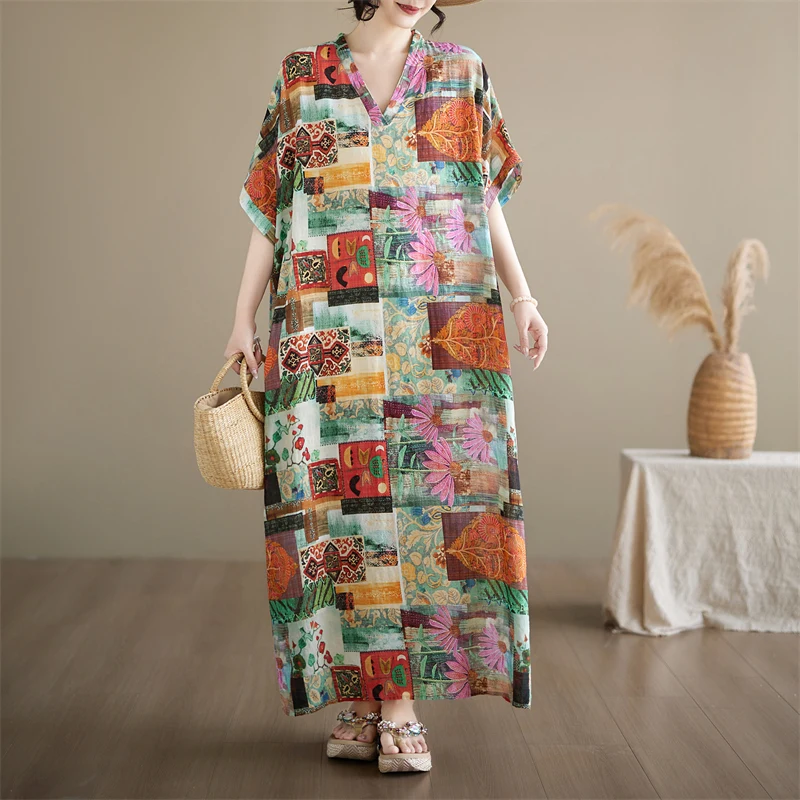 

Summer V-neck Long Beach Skirt Loose Holiday Style Artistic Women's Dress Yellow Splicing Large Size Cotton Polyester Blend
