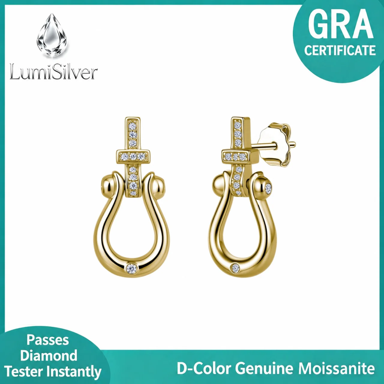 S925 Sterling Silver Moissanite U-Shape Horseshoe Buckle Drop Earrings Dainty Pave Stud Earrings for Women Everyday Fine Jewelry