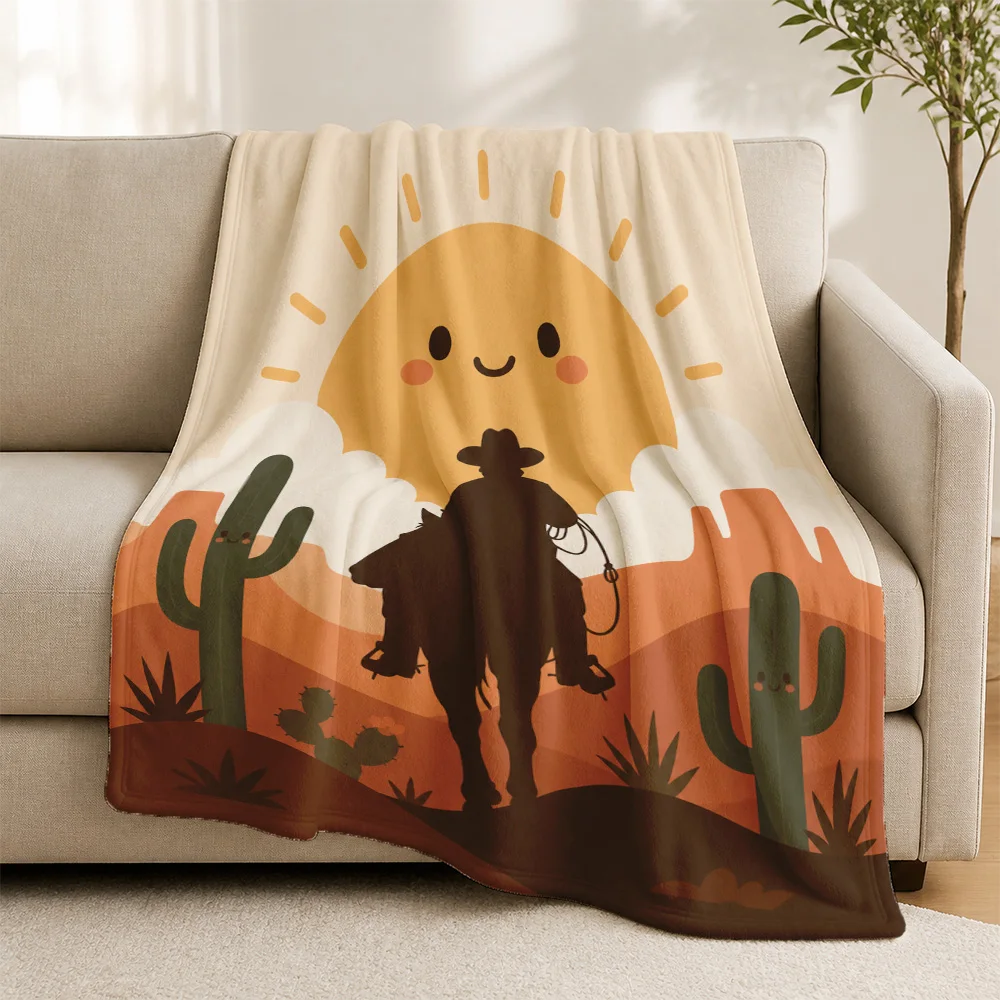 Decorative Southwest Cactus Sunset Throw Blanket Boho Cowboy Print Cozy Couch Sofa Cover for Living Room Decor Home Gift