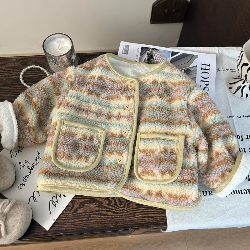 

Зимнее детское хлопковое пальто с круглым вырезом, корейская утепленная верхняя одежда из флиса ягненка для маленьких девочек, детские теплые бархатные полосатые пальто