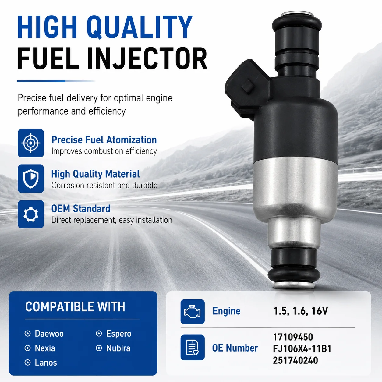 

2026 NEW High Quality Fuel Injector For DAEWOO Nexia Lanos Espero Nubira 1.5 1.6 16V 17109450 FJ10624-11B1 251740240