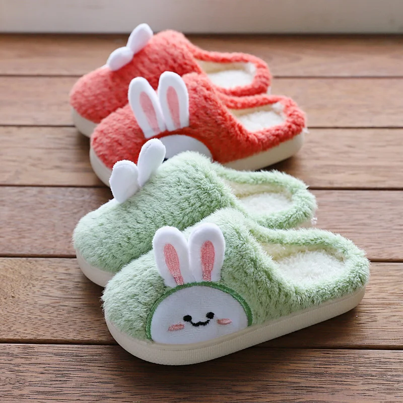 New Children\'s Home Slippers Winter Boys Girls Cute Flip Flops Rabbit Indoor Velvet Non-slip Wooden Floor Furry Warm Cotton Shoe