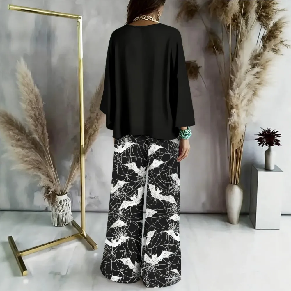 Women Halloween 2Piece Outfit V Neck Bat Sleeve Solid Top Bat Spider Web Print Wide Leg Pants Fashion Female Casual HalloweenSet