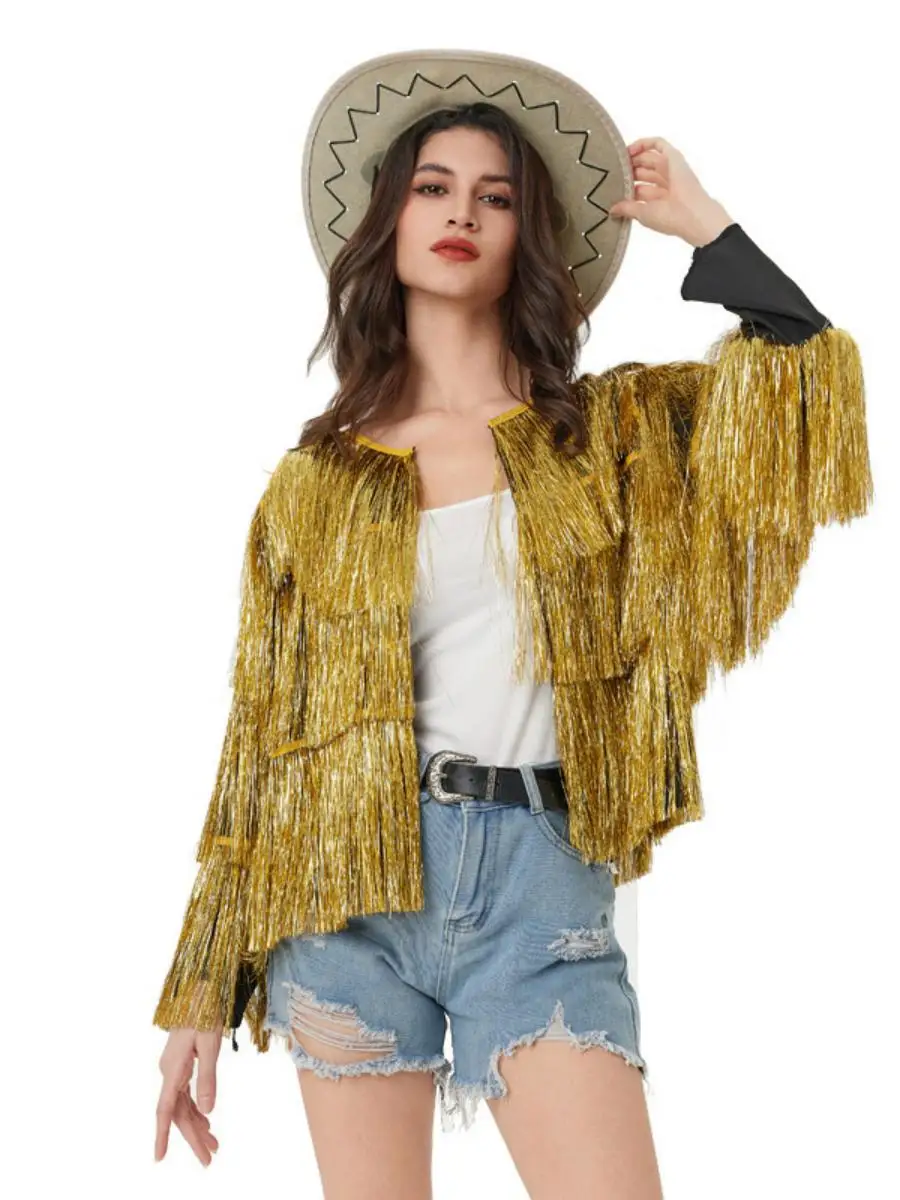 Silver Tead Tassel Long Sve Jaet Spring Summer loween Open Cardigan Women's Sle Loose Fit Adult Fem Costume