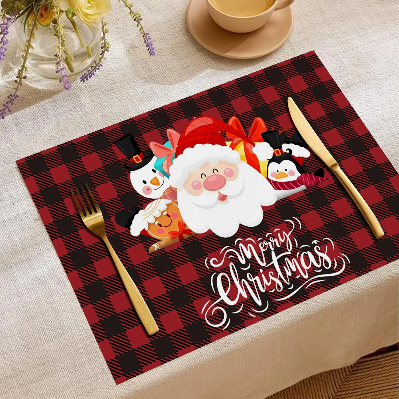 Plaid Christmas Placemats Santa Claus Holiday Kitchen Dining Mat Oilproof Heat Resistant Buffalo Check Table Cover