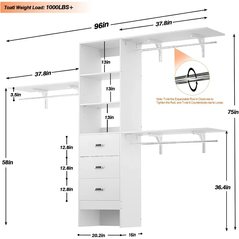 96 Inches Closet System, 8FT Walk in Closet Organizer with 3 Shelving Towers, Heavy Duty Clothes Rack with 3 Drawers, Wardrobes