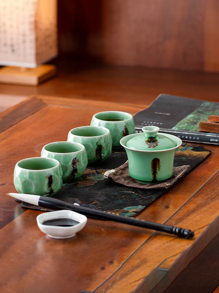 Traditional Chinese Ceramics Tea Set Gold Stone Transformation Gongfu Cover Bowl Tea Cups Birthday Gift for Dad And Friends
