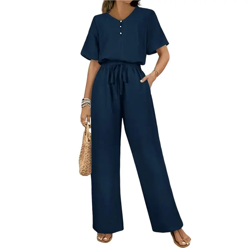 

CYL-Womens V Neck Two Piece Set Short Sleeve Top And Casual Long Pants Fashion Slimming Outfit