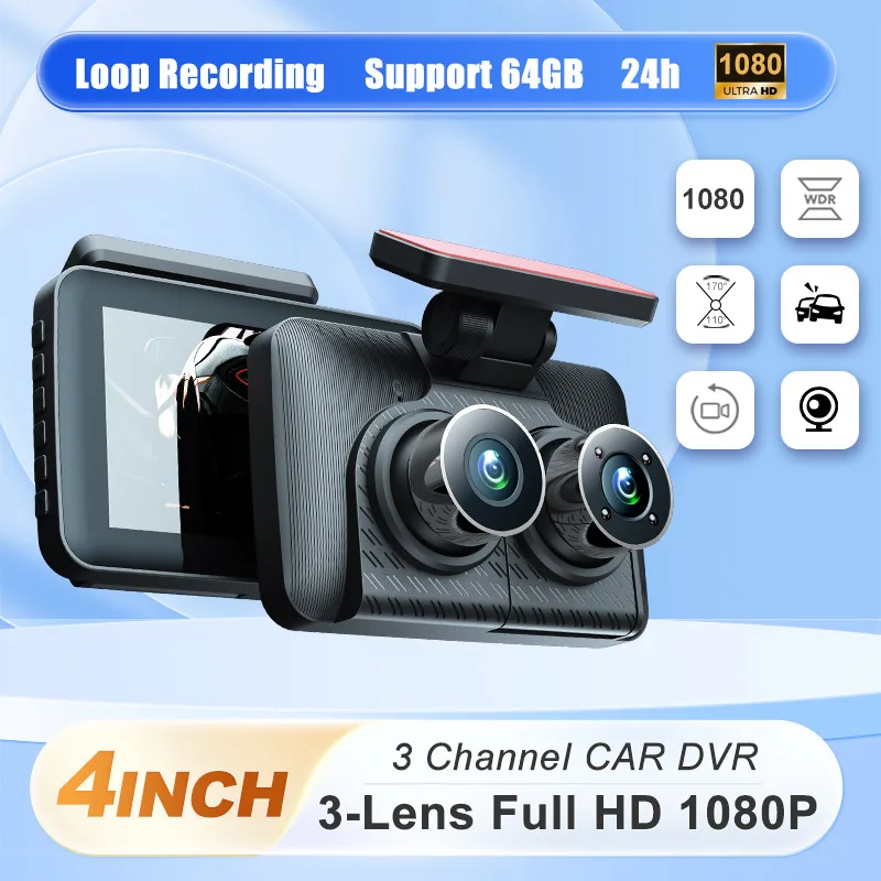 

2025 New Car Dash Cam 3 Channels Video Recorder Full HD 1080P Infrared Night Vision DVR Parking Monitor G-Sensor Car Cameras