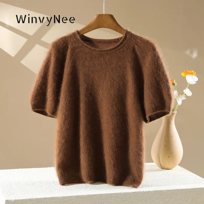 WinvyNee Women Loose Fluffy Knit Sweater Cashmere Round Neck Short Sleeve Brushed Fabric Autumn Winter Soft Premium Top A1743020