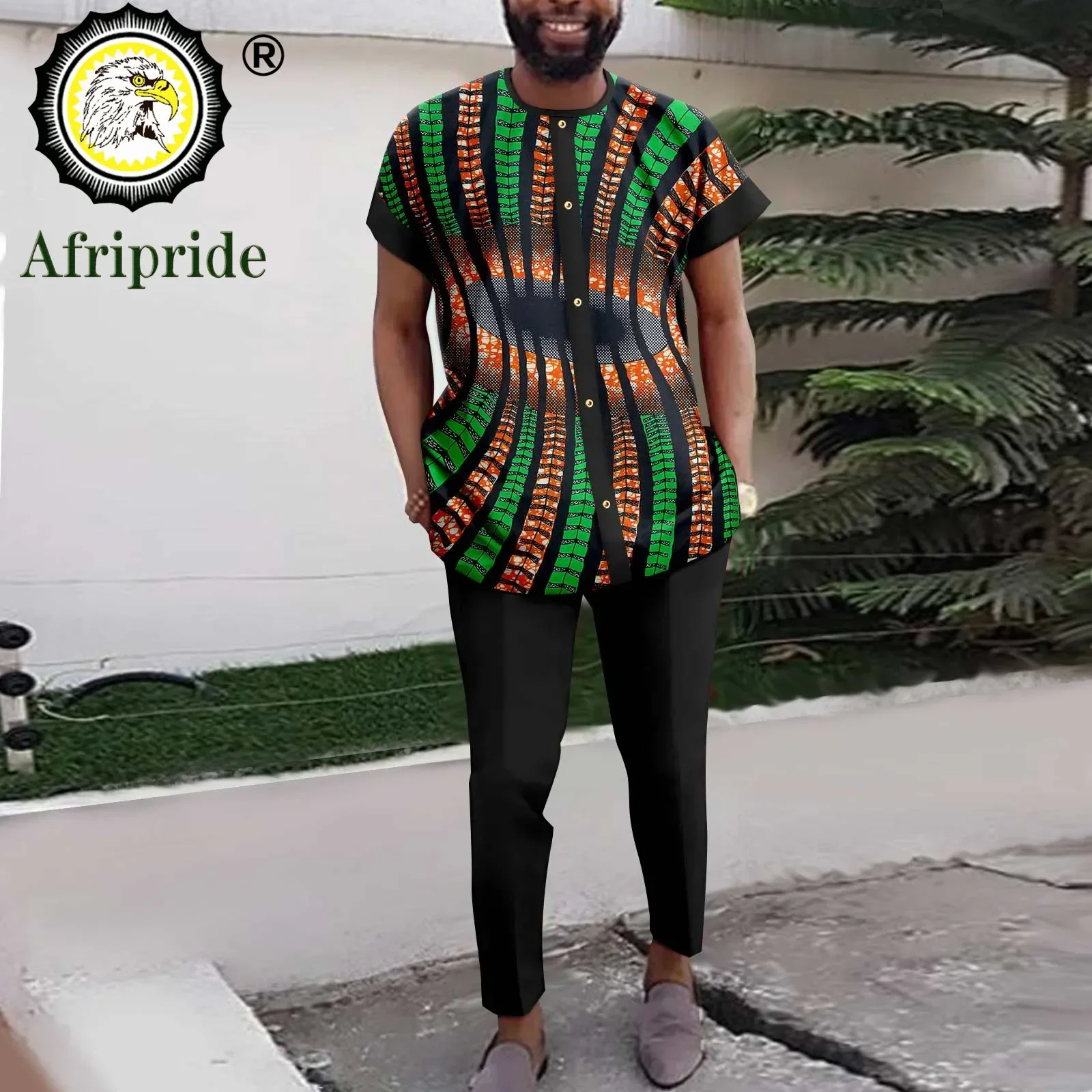 

Dashiki Men African Men Traditional Outfit Short Sleeve Print Shirts with Trouser 2 Piece Set African Clothes Plus Size A2216107