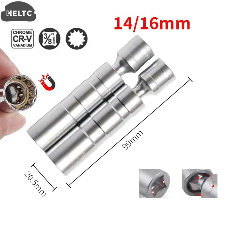 Spark Plug Socket Wrench Adapter 14mm16mm Set Universal Joint With Magnetic Flexible Socket Thin Wall 3/8