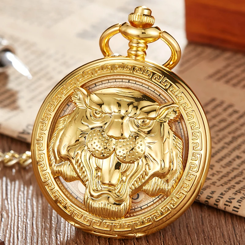 

Chinese Zodiac Tiger Vintage Stainless Steel Hand Wind Mechanical Pocket Watch Men Analog Skeleton Men Chain Watch Necklace