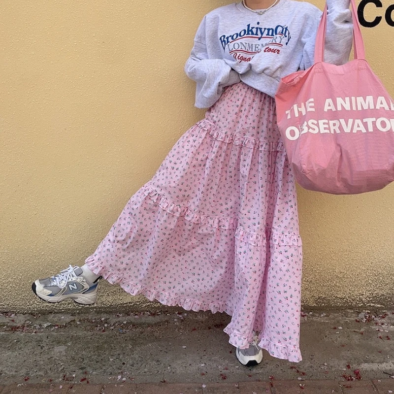 

Korean Fashion Pink Floral Skirts Women Elegant 2024 New Elastic Waist Ruffles Long Skirt Female Streetwear Casual Saias Mujer