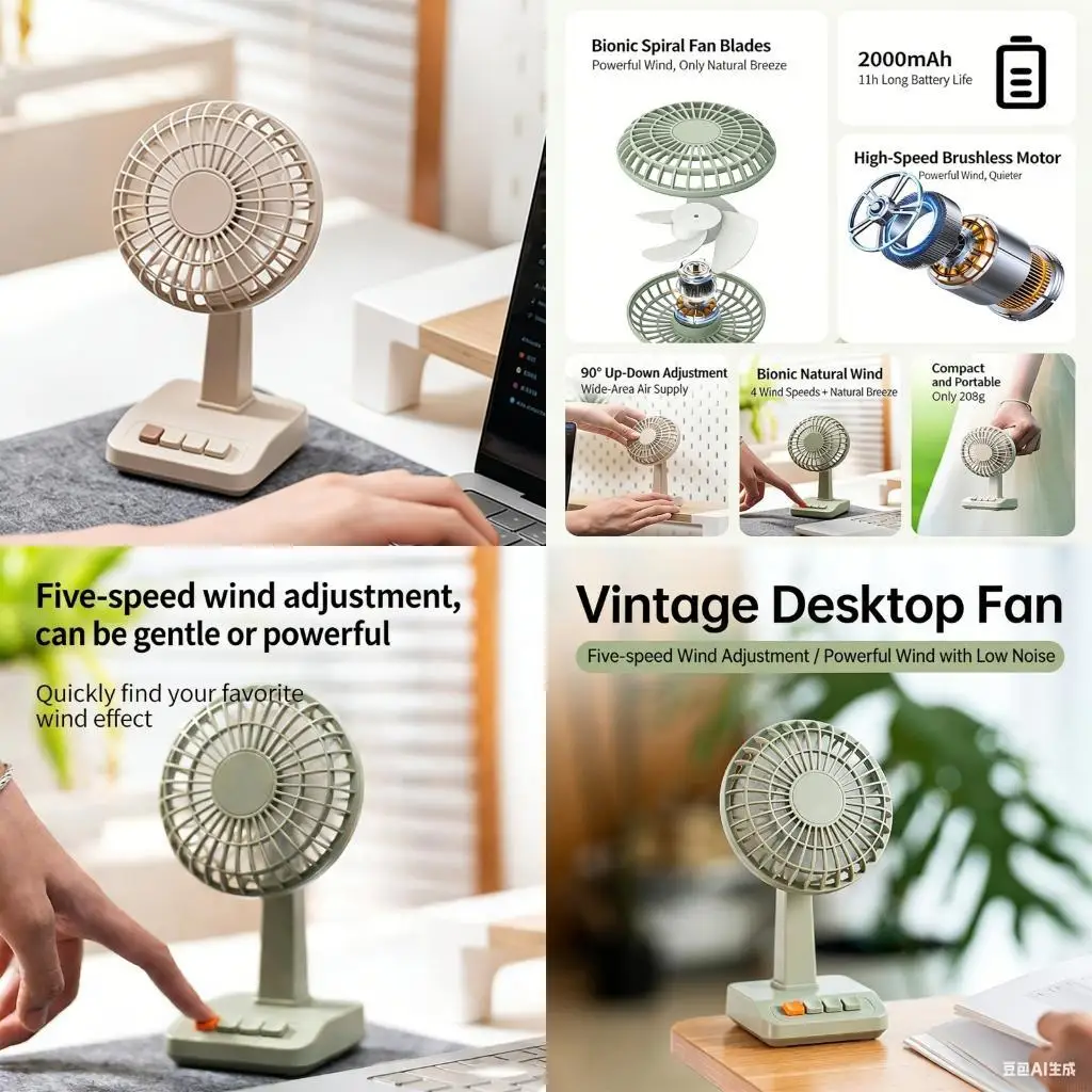 F92F Elegant USB Operated Table Fan with Multiple Directional Airflows and Plastic Construction Quiet Desktop Fan for Bedside
