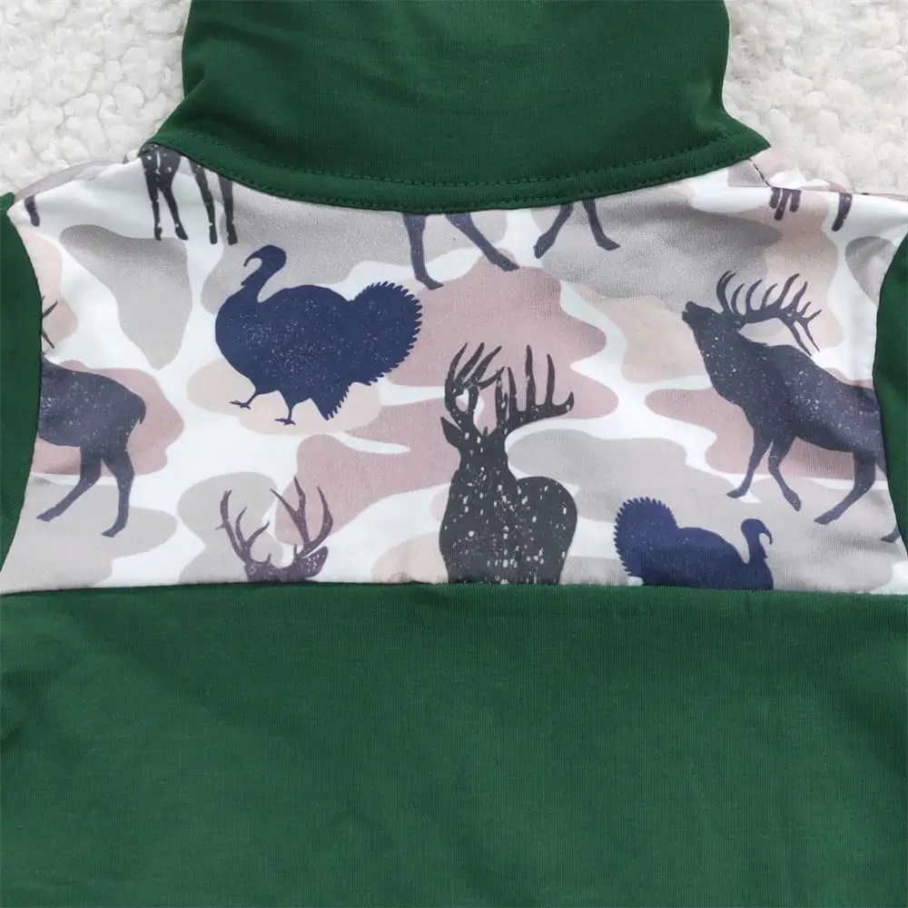 Wholesale Children Long Sleeves Tops Cotton Shirt Baby Boy Green Camo Deer turkey Tee Lapel Zipper Toddler Hunting Pullover