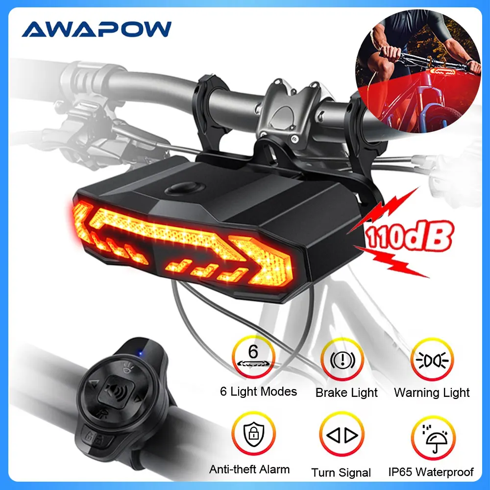 Awapow Smart Bike Alarm with Turn Signals Headlight Multifunctional Anti-theft Waterproof Bicycle Light for MTB/E-Bike Safety