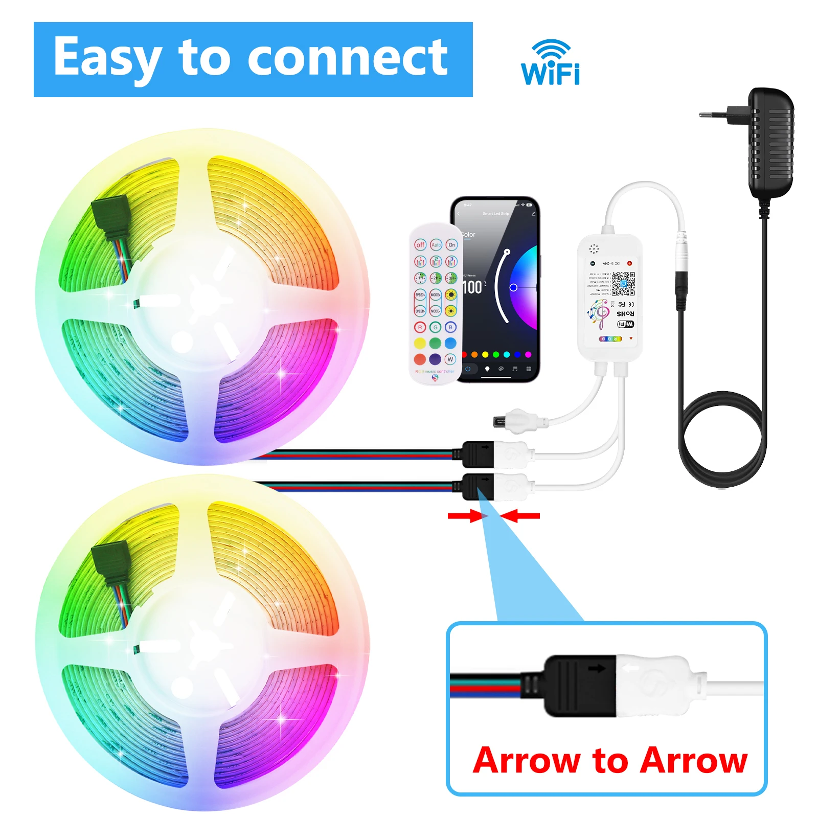 5mm PCB RGB COB 12V WIFI Bluetooth LED Strip Light Remote Control Flexible Tape 576Leds/m EU US UK AU Plug Home Decor 0.5m 1m 5m