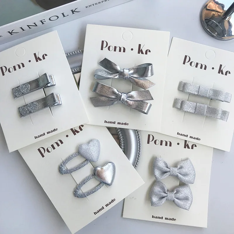 New elegant silver bow leather hair clips:Kids' stylish versatile alligator clips—high-quality, hair-friendly,perfect for babys