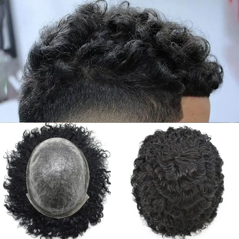 

Curly Hair Men Toupee 100% Human Hair Full PU Base Men Hair Replacement System For Black Men