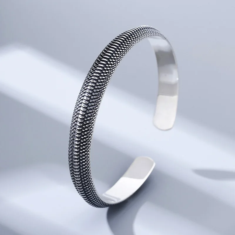 

S925 sterling silver dragon scale bracelet men and women stylish bracelet keel open thai silver retro distressed jewelry