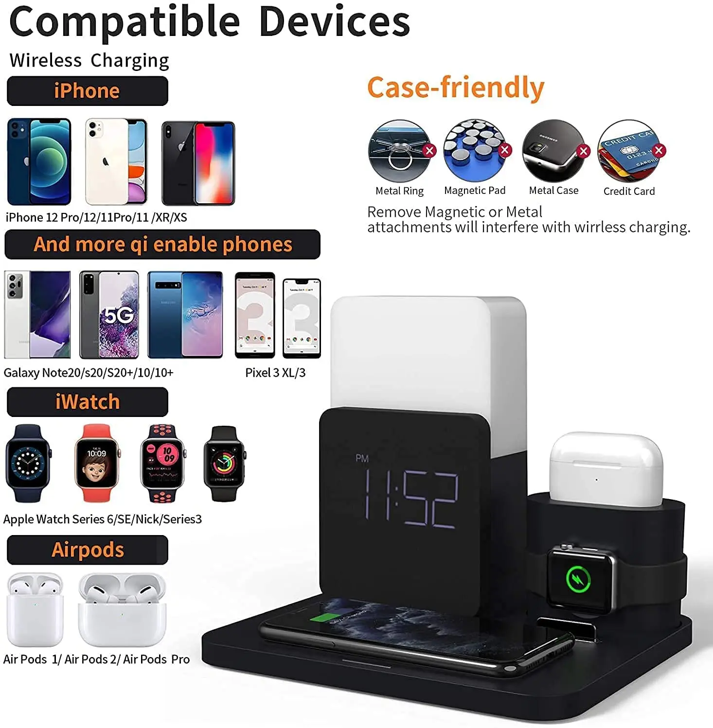 

4 In 1 Fast Wireless Charger LED Light Bedside Lamp Alarm Clock Desk Wireless Charger Station Headset for Iphone Iwatch Charging