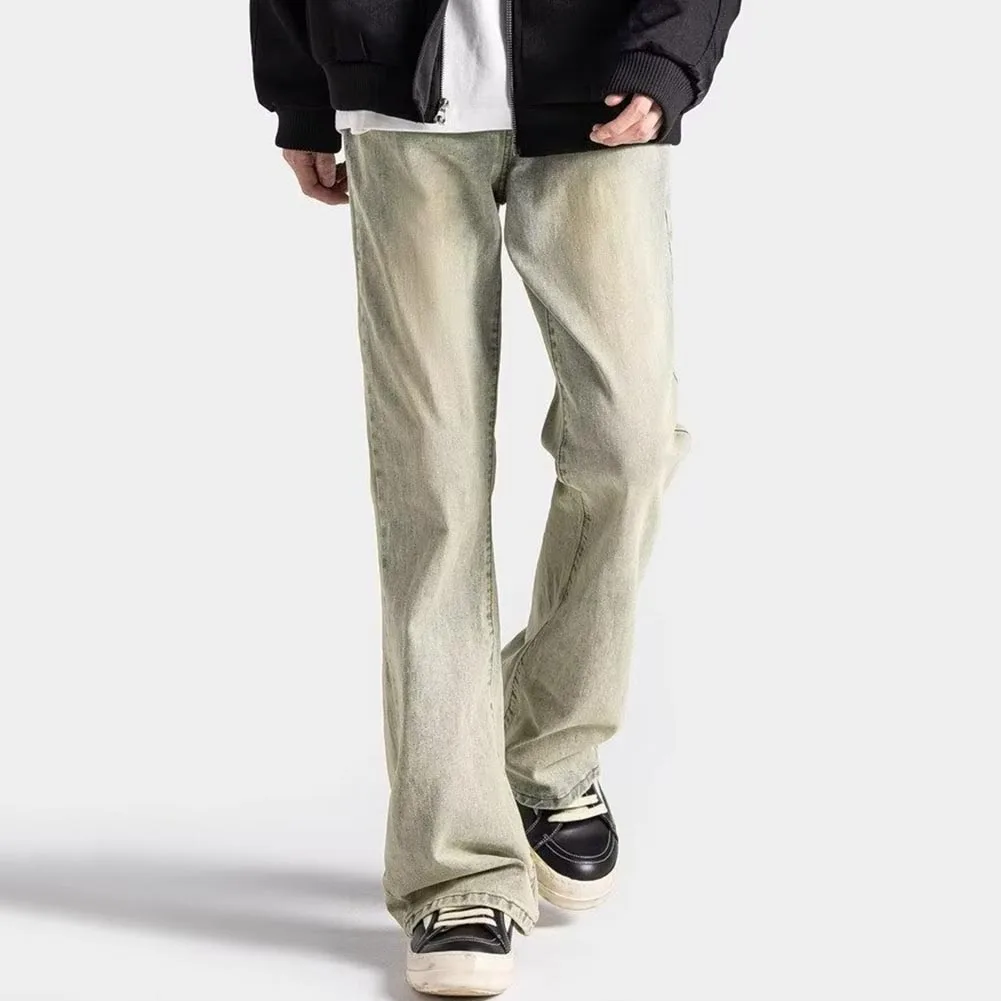 

Mens Washed Jeans Vintage Flared Slim Straight Casual Long Trousers MidRise