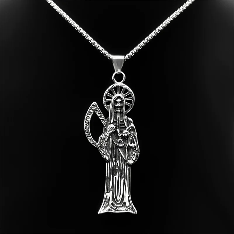 Collar con colgante de acero inoxidable para hombre y mujer, colgante de Santa Muerte Grim Reaper, Color plateado, joyería Vintage con calavera y hoz