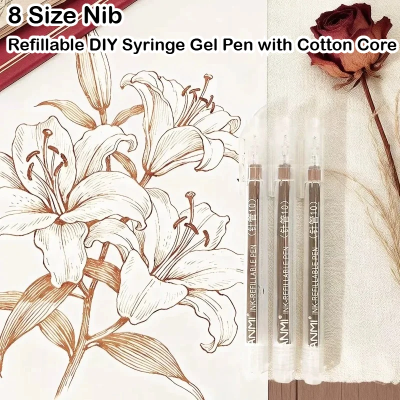 8 Size Refillable DIY Syringe Gel Pen with Cotton Core Repeatable Ink Filling for Drawing Office School Supplies Stationery