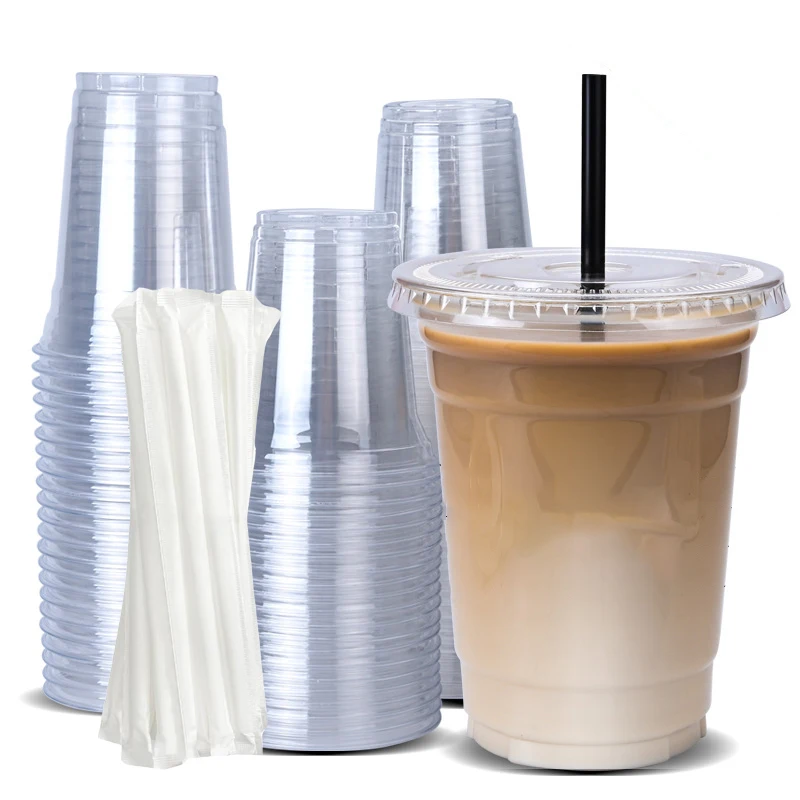 

Disposable Iced Cold Coffee Cups with Lids and Straws 100 Pack-16 oz Clear Plastic Cups Smoothie Cups for Cold Drinks