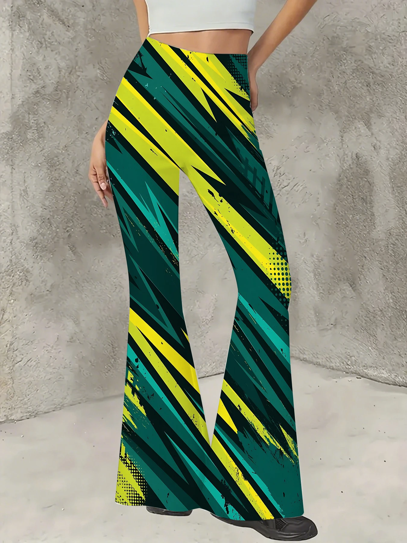 

Y2K Graphic Print Flare Pants Women High Waist Knit Bell Bottom Trousers