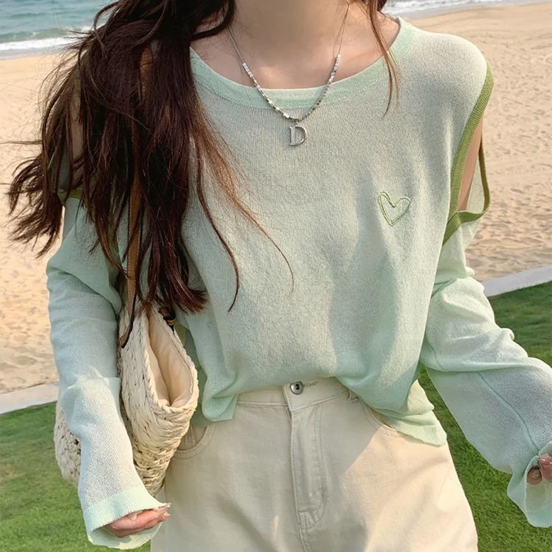 Rimocy Summer Off Shoulder Long Sleeve Shirt Women Casual Sun-proof Thin Blouse Top Woman Korean Round Neck See Through Shirts