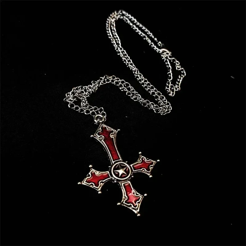 Red Crimson Bloody Inverted Upside Down Cross Pendant Necklace Vintage Gothic Satanic Pagan Wiccan Occult Jewelry Best Gift