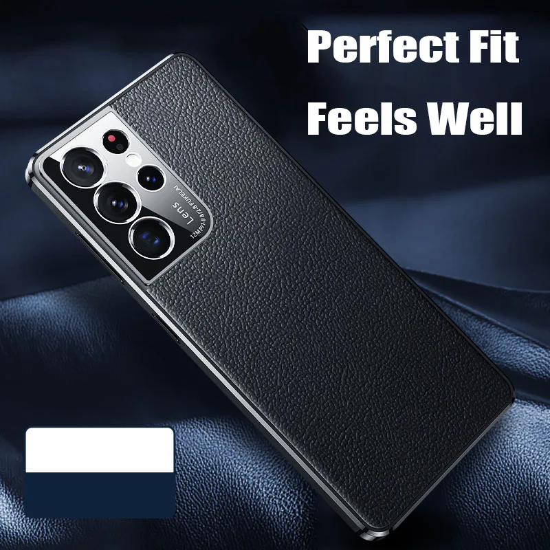 Luxurious Genuine Leather Back Electroplated TPU Silicone Cover Case For Samsung Galaxy S22 S21 S23 Ultra Plus