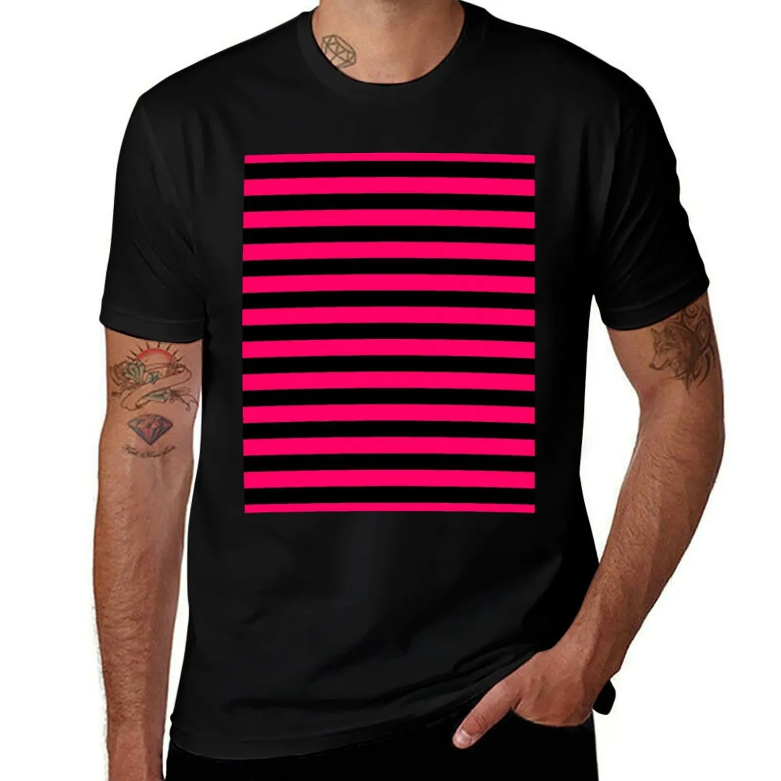 Bright Fluorescent Hot Pink Neon and Black Horizontal Stripes T-Shirt Work Wear Lightweight Tee T-Shirt