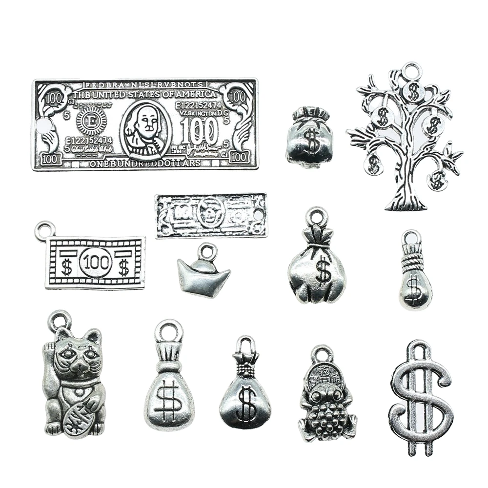 20pcs Moneybag Charms Money Us Dollars Pendants Jewelry Making Lucky Money Charms For Bracelet Making Antique Silver Color