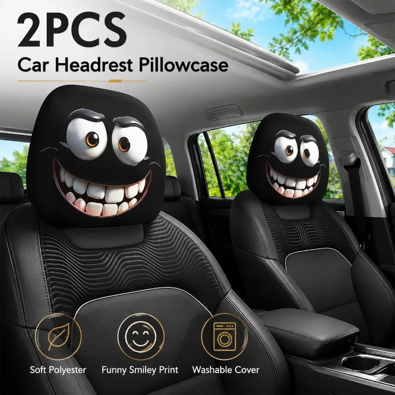 2PCS Smiley Face Car Headrest Covers Soft Polyester Seat Pillowcases Washable Decorative Auto Interior Accessories Universal Fit