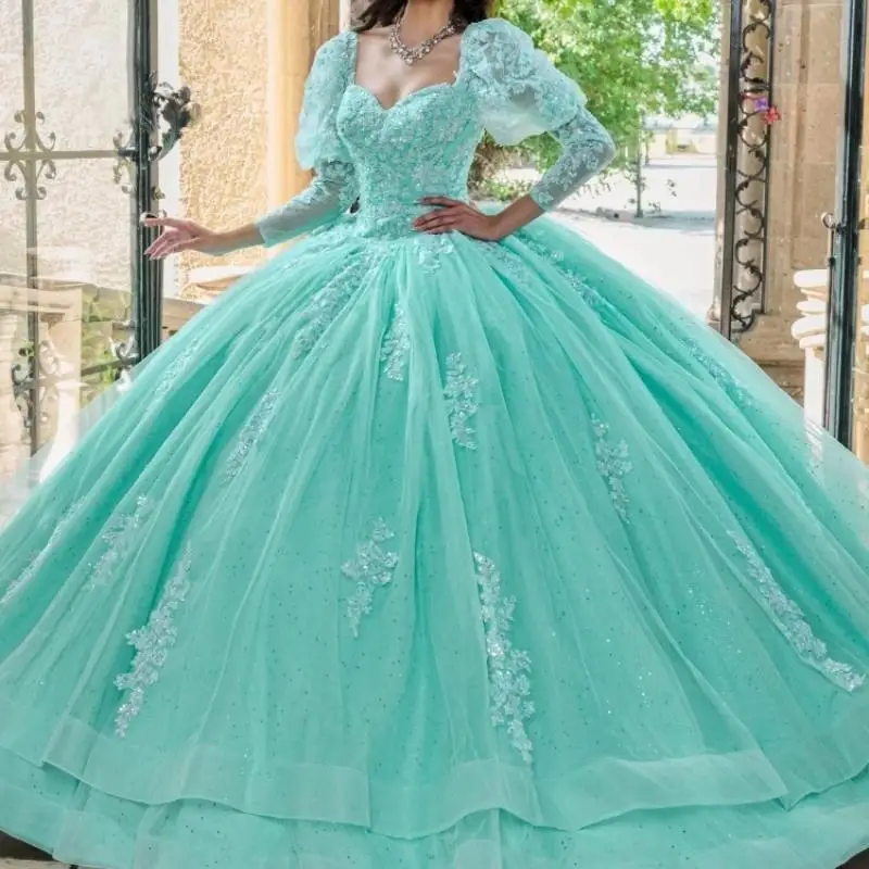 

Mint Quinceanera Dress Ball Gown Lace Applique Beading Crystal Puffy Sleeve Tiered Sweet 16 Vestido De 15 Anos