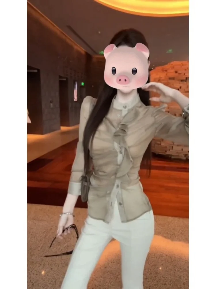 Irt checca la vita con legno ain Ruffle Design Coreano Sle Loose Fit Lungo effetto snellente Sve Abbigliamento quotidiano Fem Top