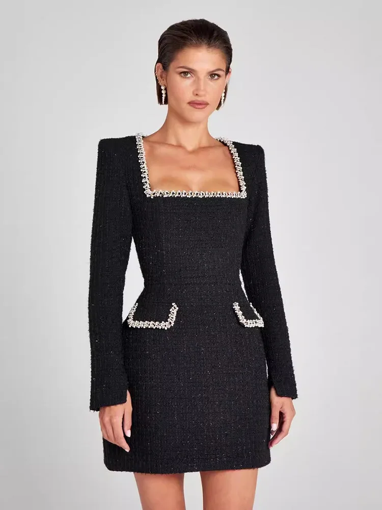 

TARUXY Square Collar Long sleeve Beaded Mini Dress Ladies Chic Two Pockets Slim Office Dress High Waist Clothes Female Elegant