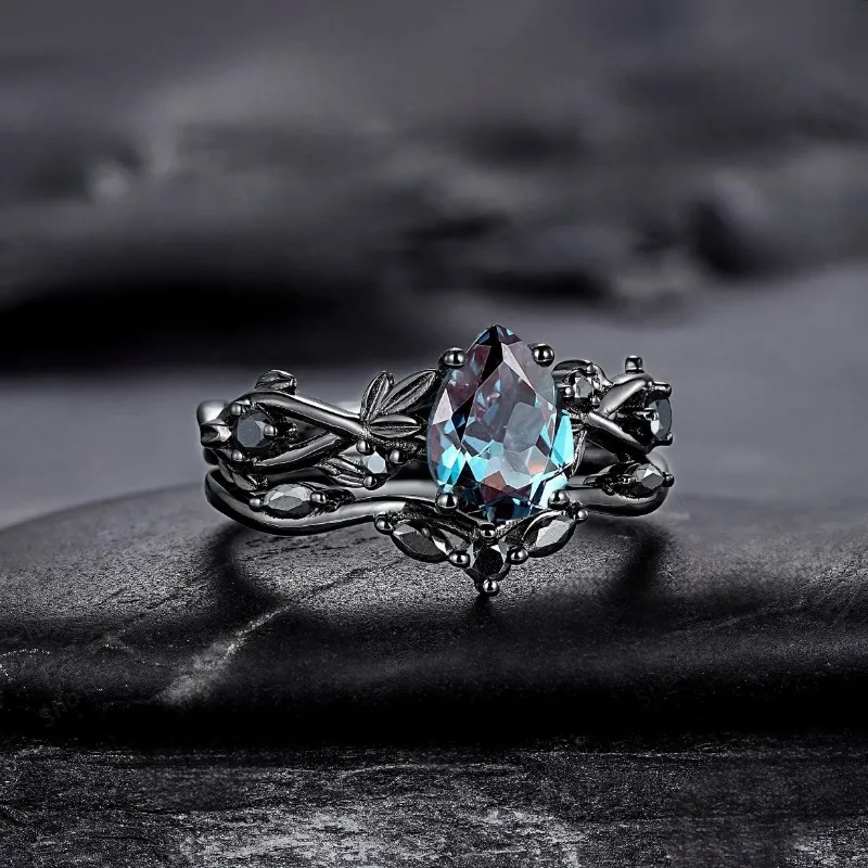 European and American fashion gun black inlaid sea blue zircon women's ring