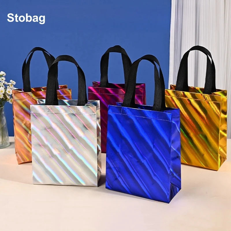 

StoBag 25pcs Laser Color Non-woven Tote Bags Gift Packaging Shopping Portable Fabric Reusable Pouches Party Favors Birthday