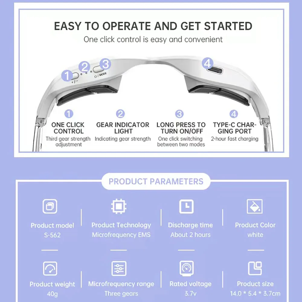 EMS Eye Relax Micro-Current Red Light Therapy Relieve Eye Fatigue Dark Circles Remover Anti-Aging Electric Care Massager Glasses